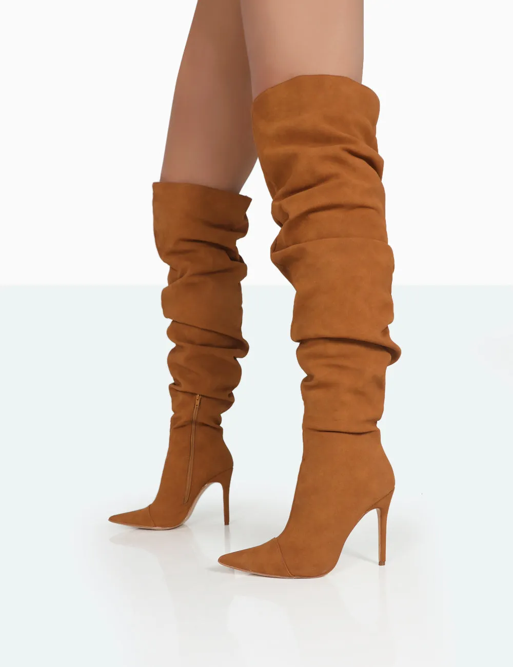 Lariza Tan Faux Suede Pointed Toe Stiletto Over the Knee Boots