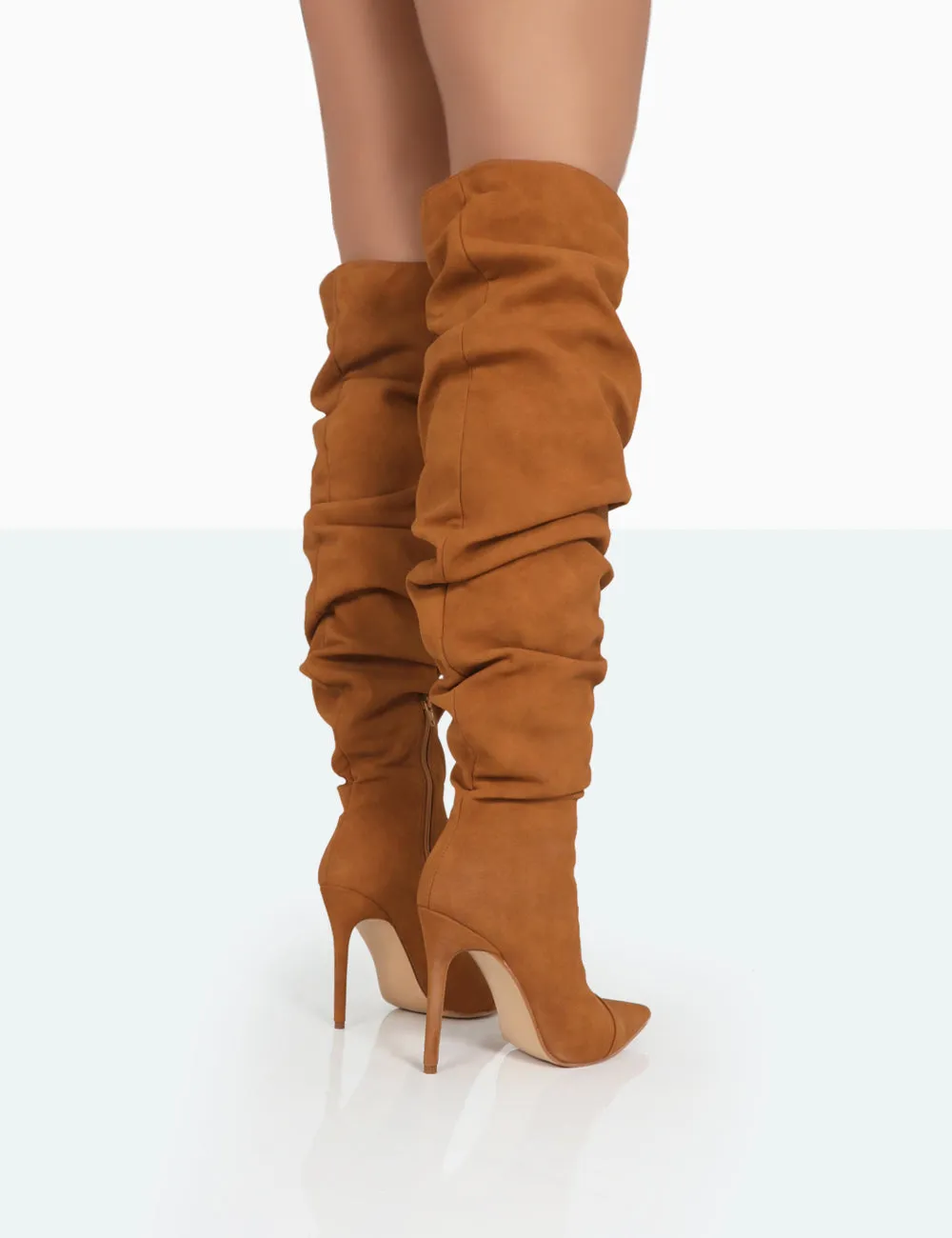 Lariza Tan Faux Suede Pointed Toe Stiletto Over the Knee Boots