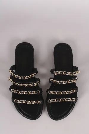 Leather Strappy Chain-Embellished Open Toe Slip On Sandal