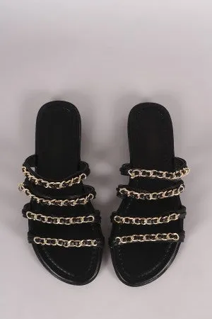 Leather Strappy Chain-Embellished Open Toe Slip On Sandal