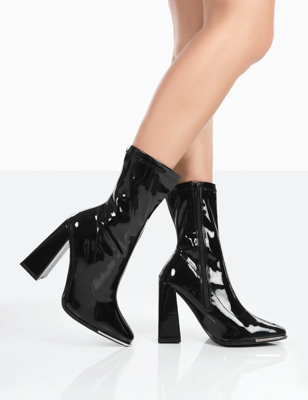 Liberty Black Patent Sock Block Heeled Ankle Boots