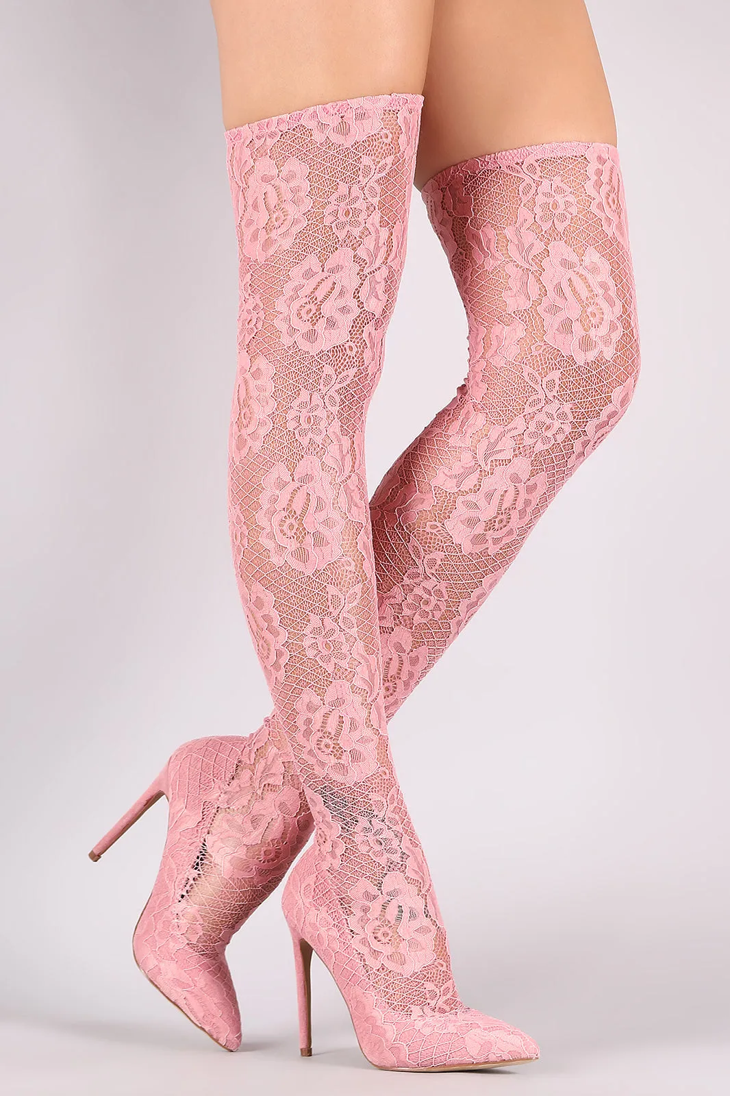 Liliana Floral Lace Pointy Toe Stiletto Over-The-Knee Boots