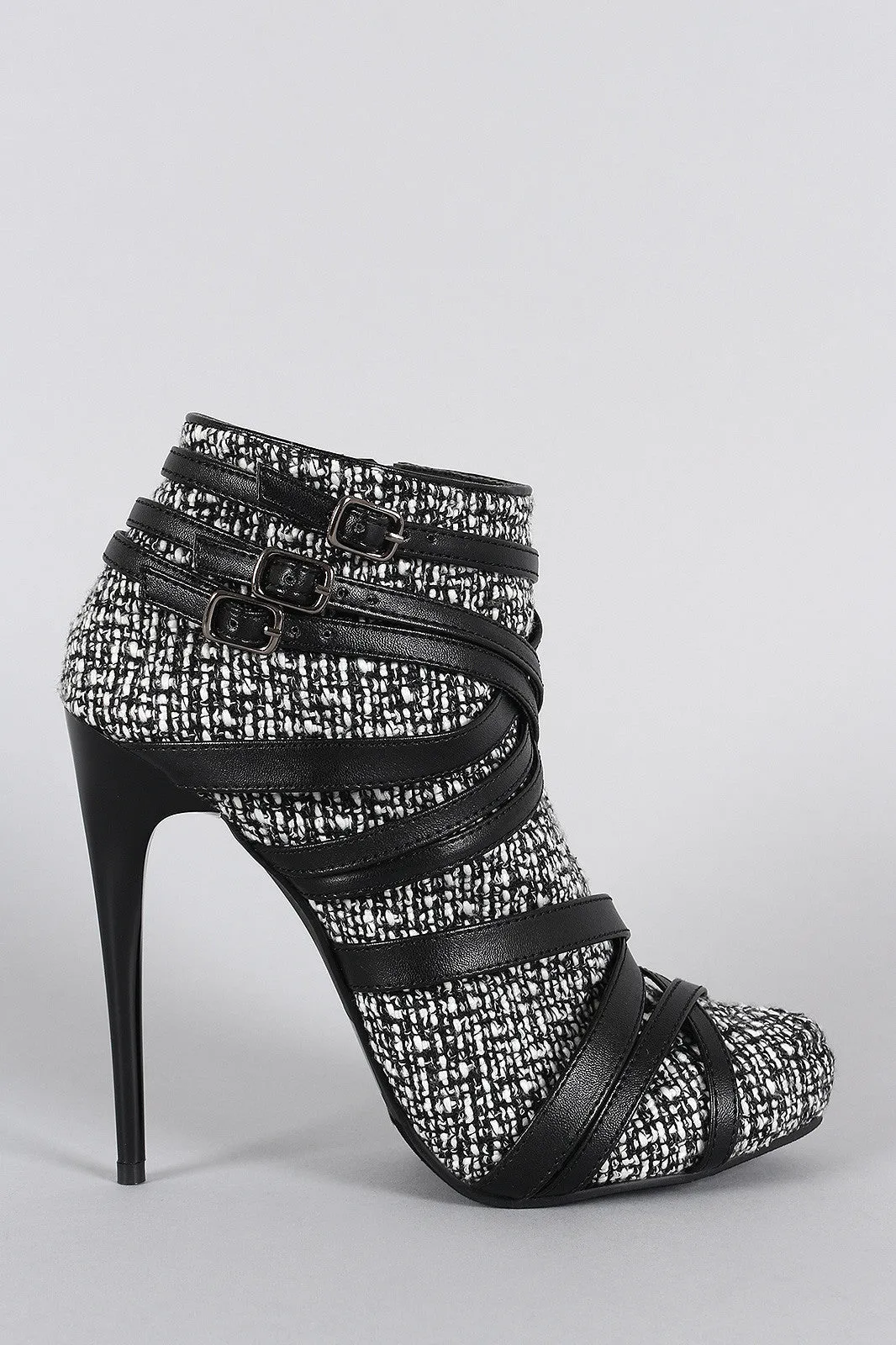 Liliana Tweed Buckle Strappy Almond Toe Stiletto Heeled Booties