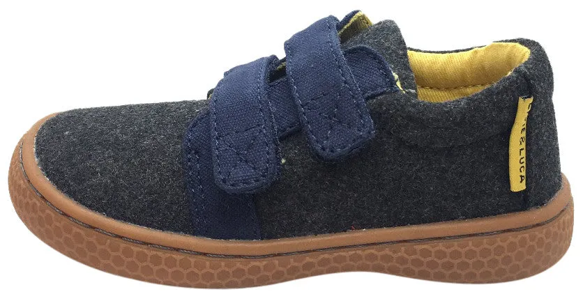 Livie & Luca Boy's Hayes Charcoal & Navy Natural Textile Sneaker Shoe with Double Hook and Loop Straps