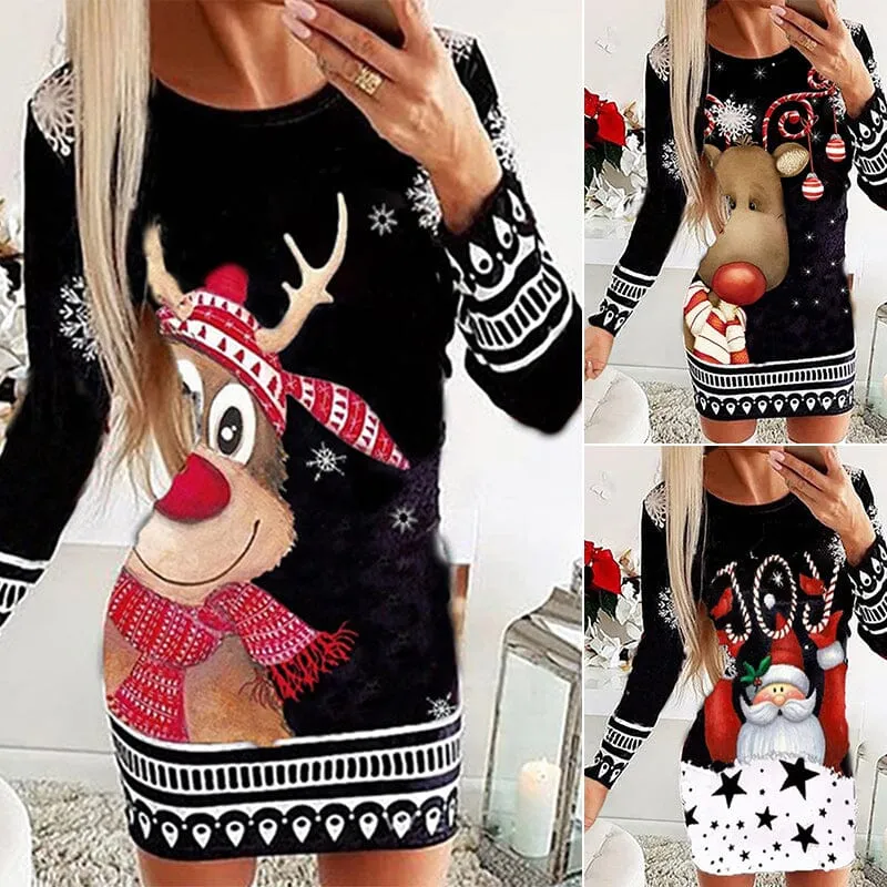 Long Sleeve Round Neck Pullover Christmas Print Sexy Pack Hip Dress