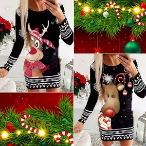 Long Sleeve Round Neck Pullover Christmas Print Sexy Pack Hip Dress