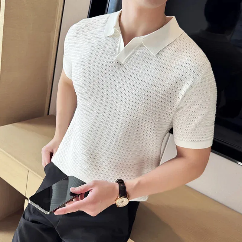 Men's Striped Jacquard Knitted Short Sleeve Polo Shirt