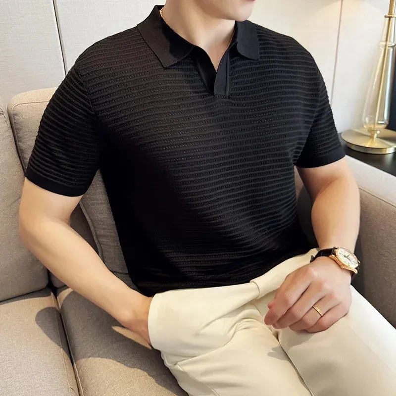 Men's Striped Jacquard Knitted Short Sleeve Polo Shirt