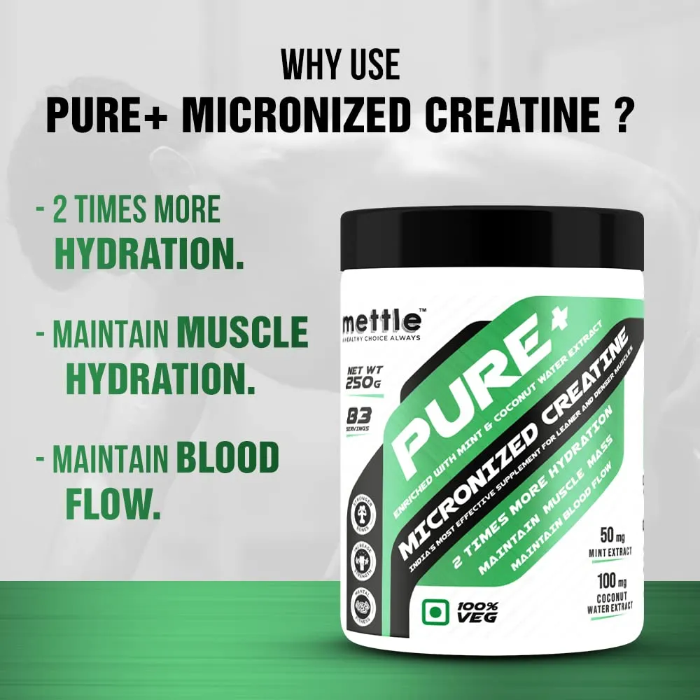 Mettle Pure Micronized Creatine with Mint & Coconut Water Extract, 2 Times More Hydration | 50mg Mint Extract | 100mg Coconut Water Extract, (250g)