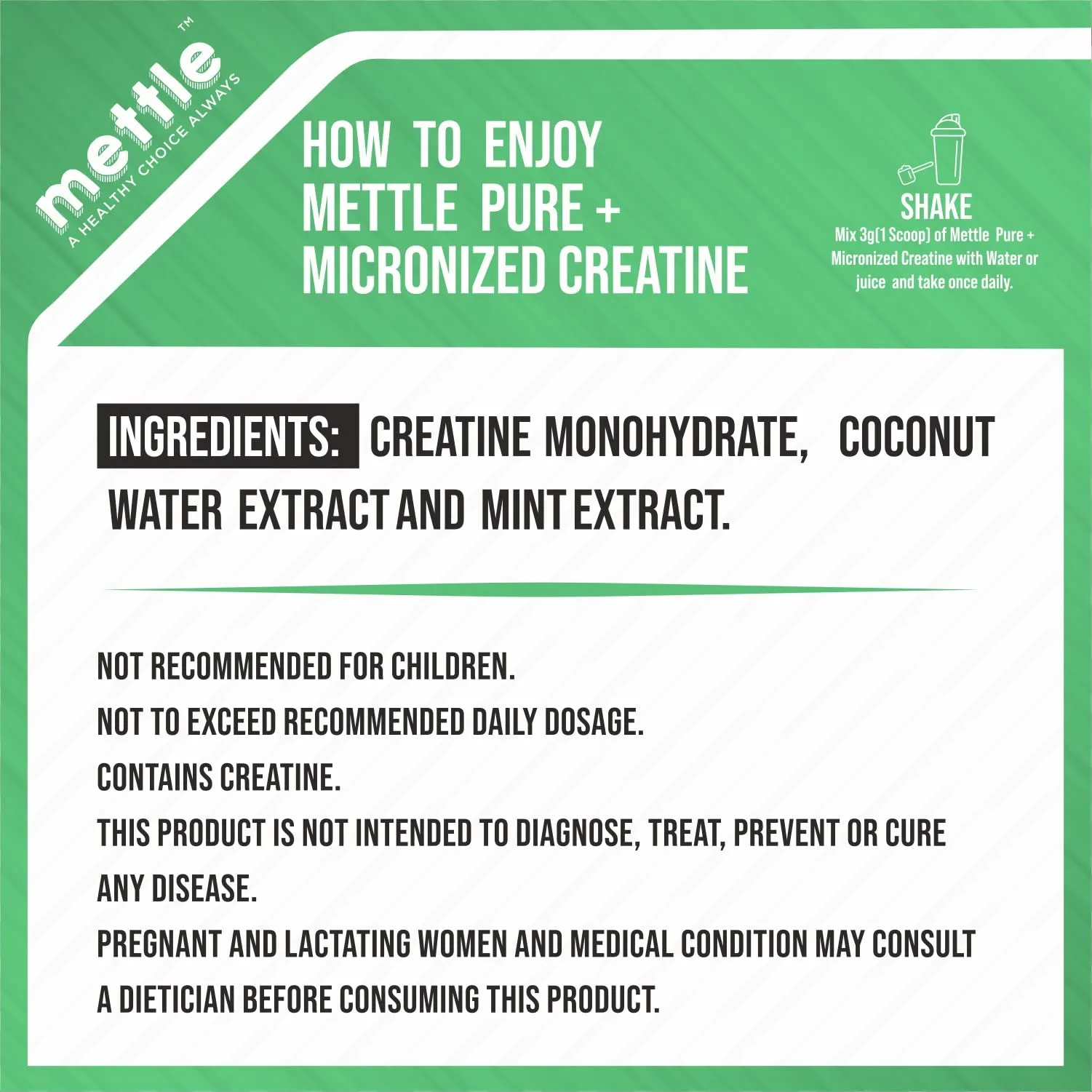 Mettle Pure Micronized Creatine with Mint & Coconut Water Extract, 2 Times More Hydration | 50mg Mint Extract | 100mg Coconut Water Extract, (250g)