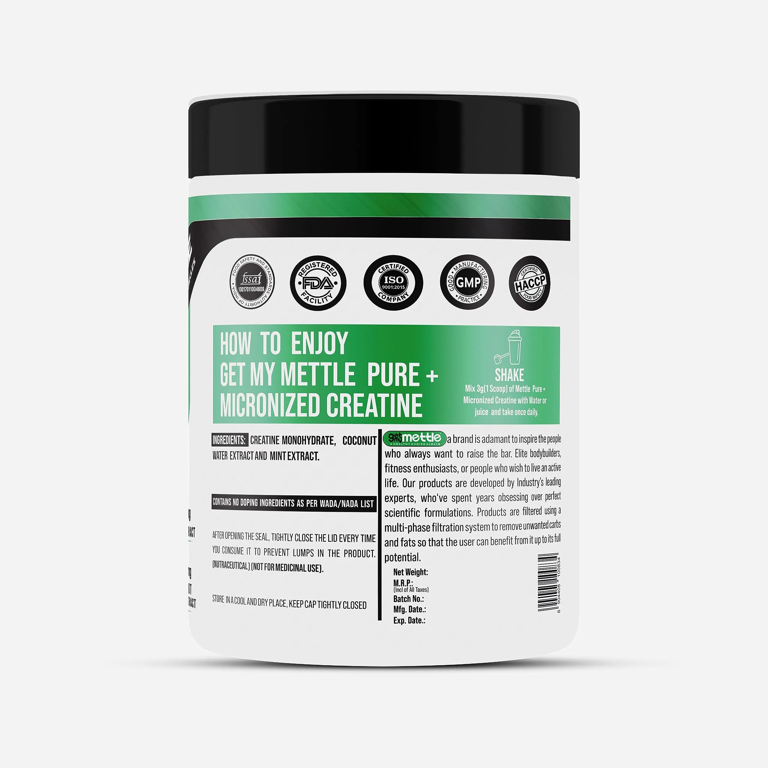 Mettle Pure Micronized Creatine with Mint & Coconut Water Extract, 2 Times More Hydration | 50mg Mint Extract | 100mg Coconut Water Extract, (250g)