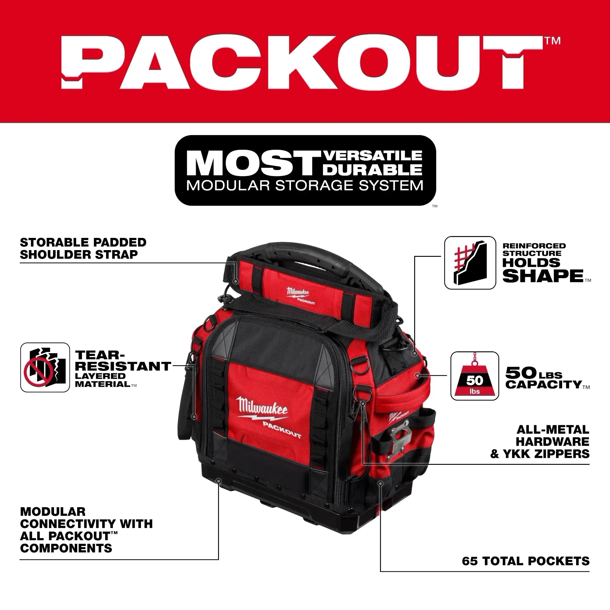 Milwaukee 48-22-8316 PACKOUT™ 18 in Length x 10 in Width x 19.75 in Height Soft Sided Tool Bag