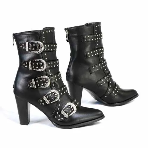 Milwaukee Leather MBL9428 Women's Black Buckle Up Fashion Boots with Studded Bling