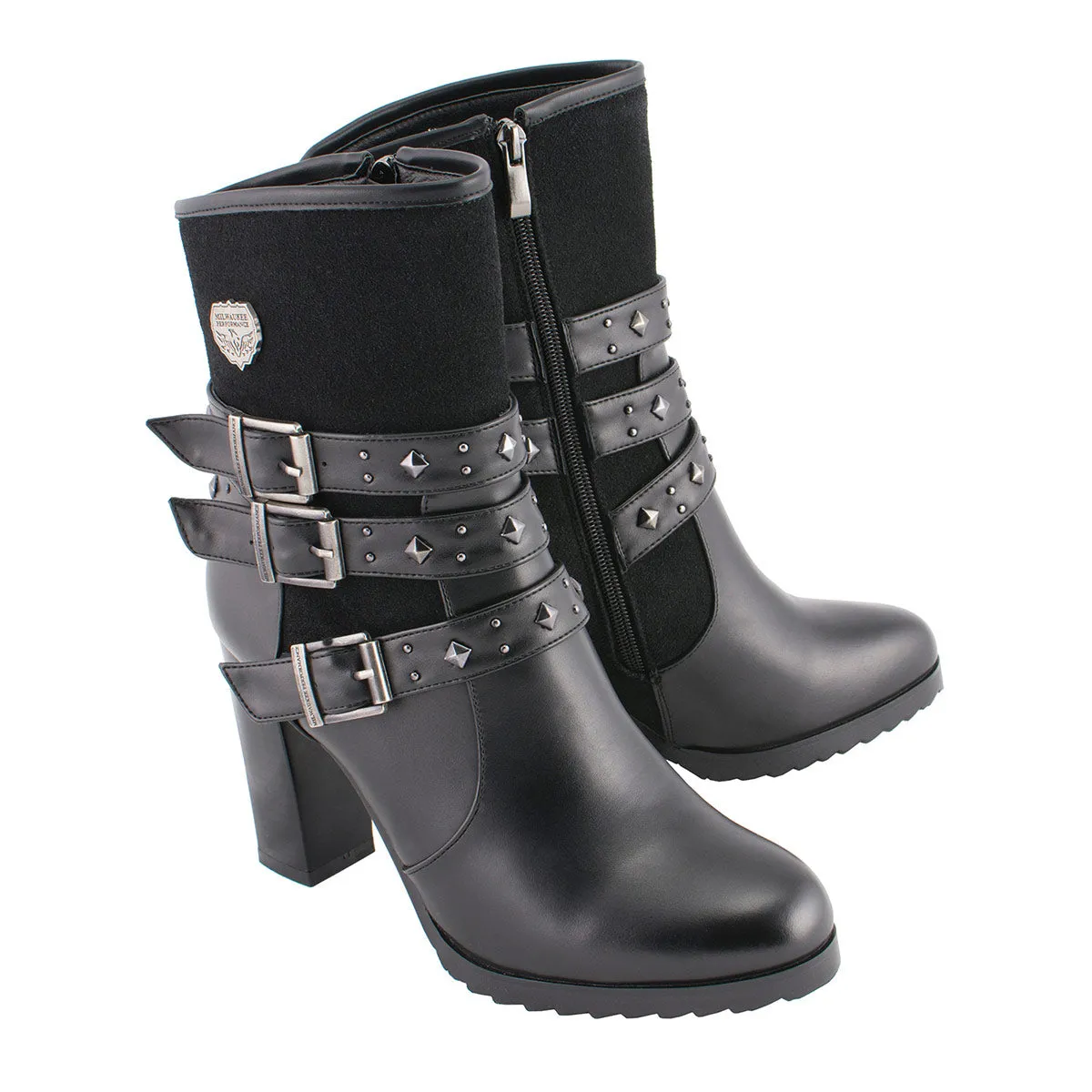 Milwaukee Leather MBL9433 Women's Black Triple Buckle Strap Fashion Riding Boots with Block Heel