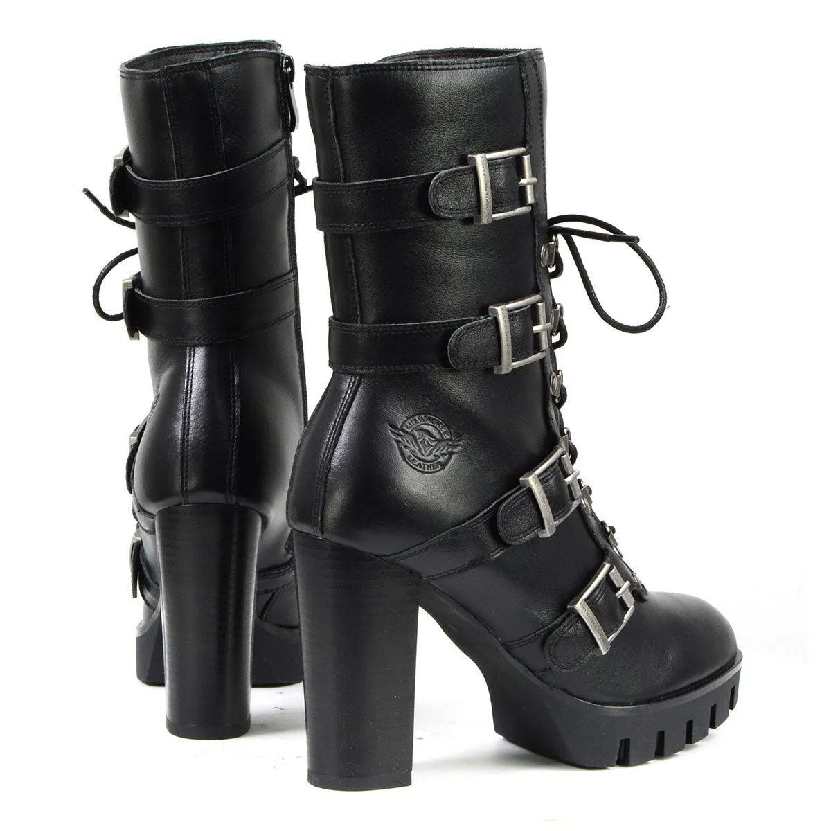 Milwaukee Leather MBL9459 Women's Black Leather Buckles Platform Boots with Lace-Up Closure