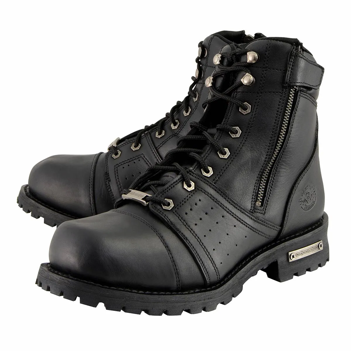 Milwaukee Leather MBM9000 Men's Black Lace-Up Motorcycle Riding Leather Boots with Side Zipper Entry