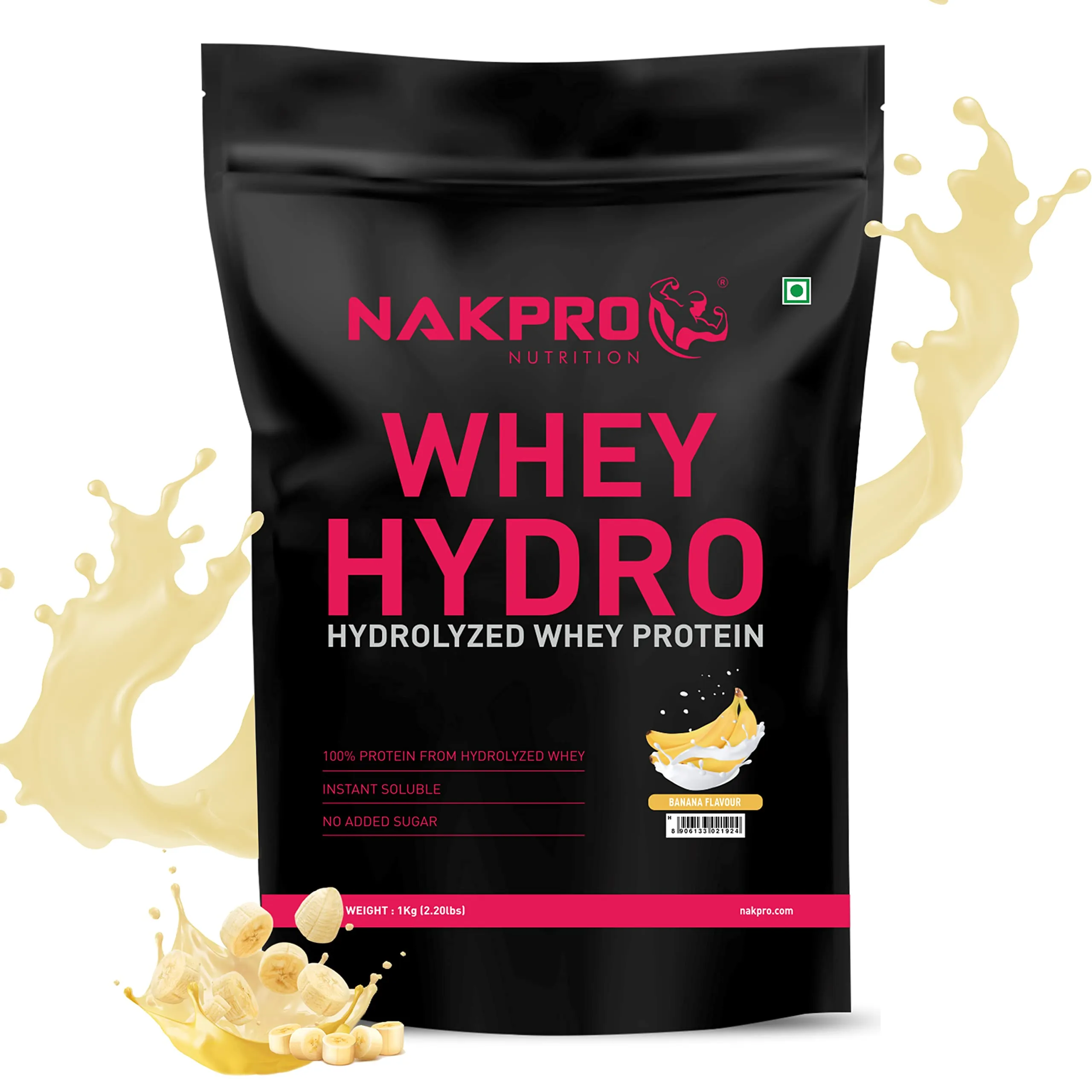 NAKPRO HYDRO Whey Protein Hydrolyzed | 24.89g Protein, 5.45g BCAA | Easy Mixing, Low Carbs, Easy Digesting Whey Protein Supplement Powder for Men, Women & Athletes | 1 Kg (Banana)