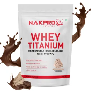 NAKPRO Titanium Tri Blend Whey Protein Hydrolyzed, Whey Protein Isolate & Whey Protein Concentrate | 24.04g Protein, 5.29g BCAA | Added Vitamins, Minerals & Creatine (1 Kg, Chocolate Cream)