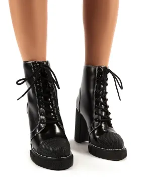 Obvious Black Lace Up Platform Block Heeled Ankle Boots