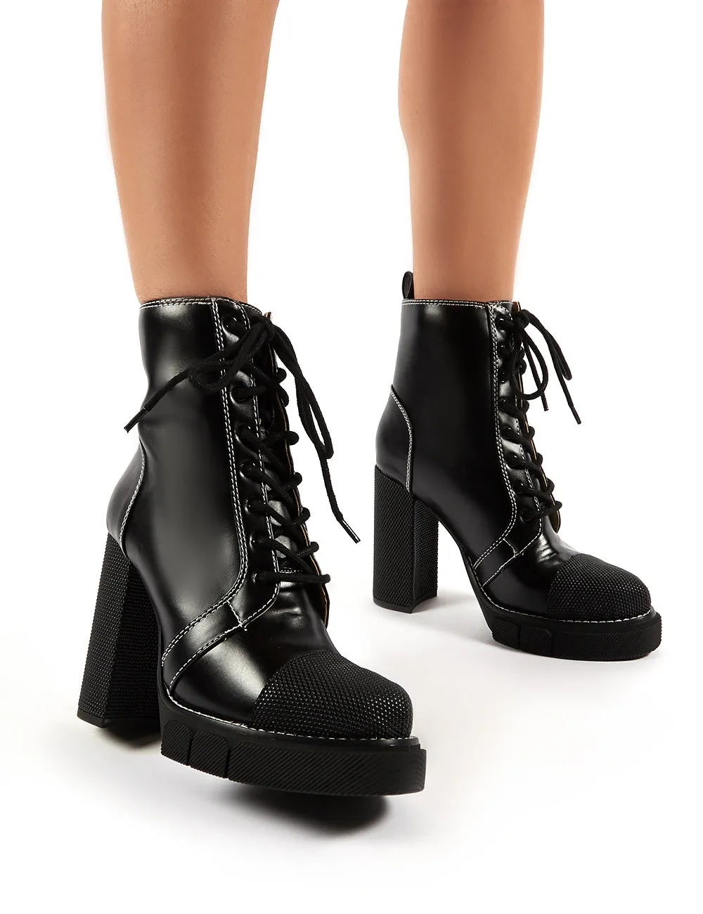 Obvious Black Lace Up Platform Block Heeled Ankle Boots