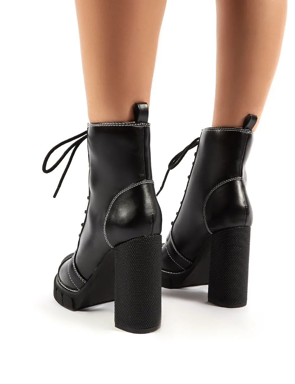 Obvious Black Lace Up Platform Block Heeled Ankle Boots