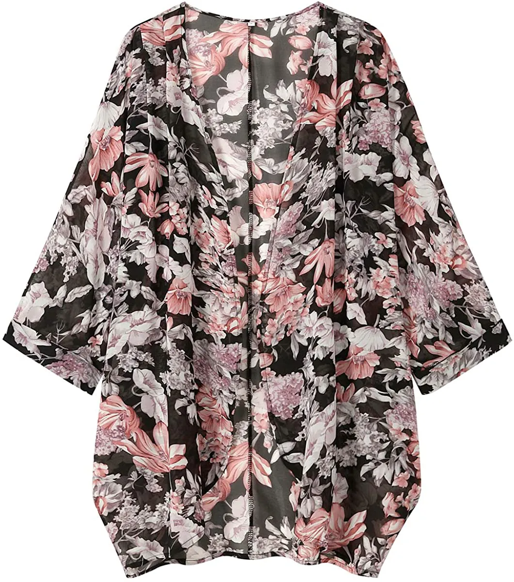 olrain Women's Floral Print Sheer Chiffon Loose Kimono Cardigan Capes