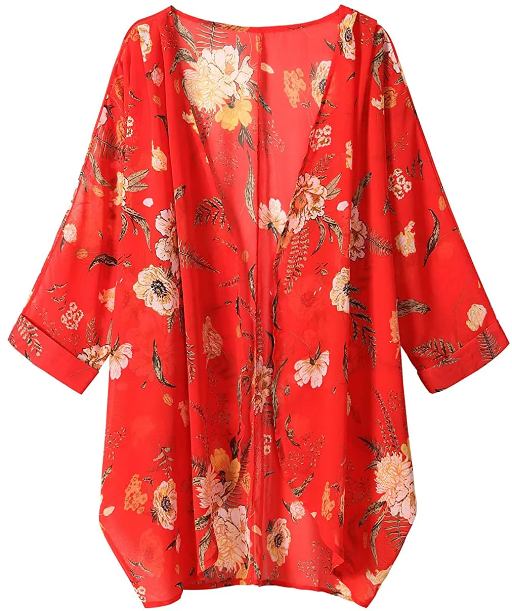 olrain Women's Floral Print Sheer Chiffon Loose Kimono Cardigan Capes