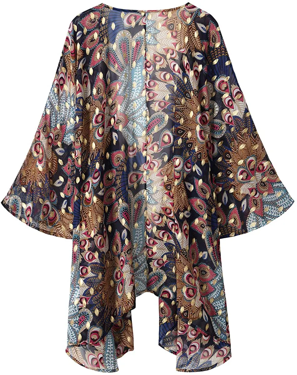 olrain Women's Floral Print Sheer Chiffon Loose Kimono Cardigan Capes