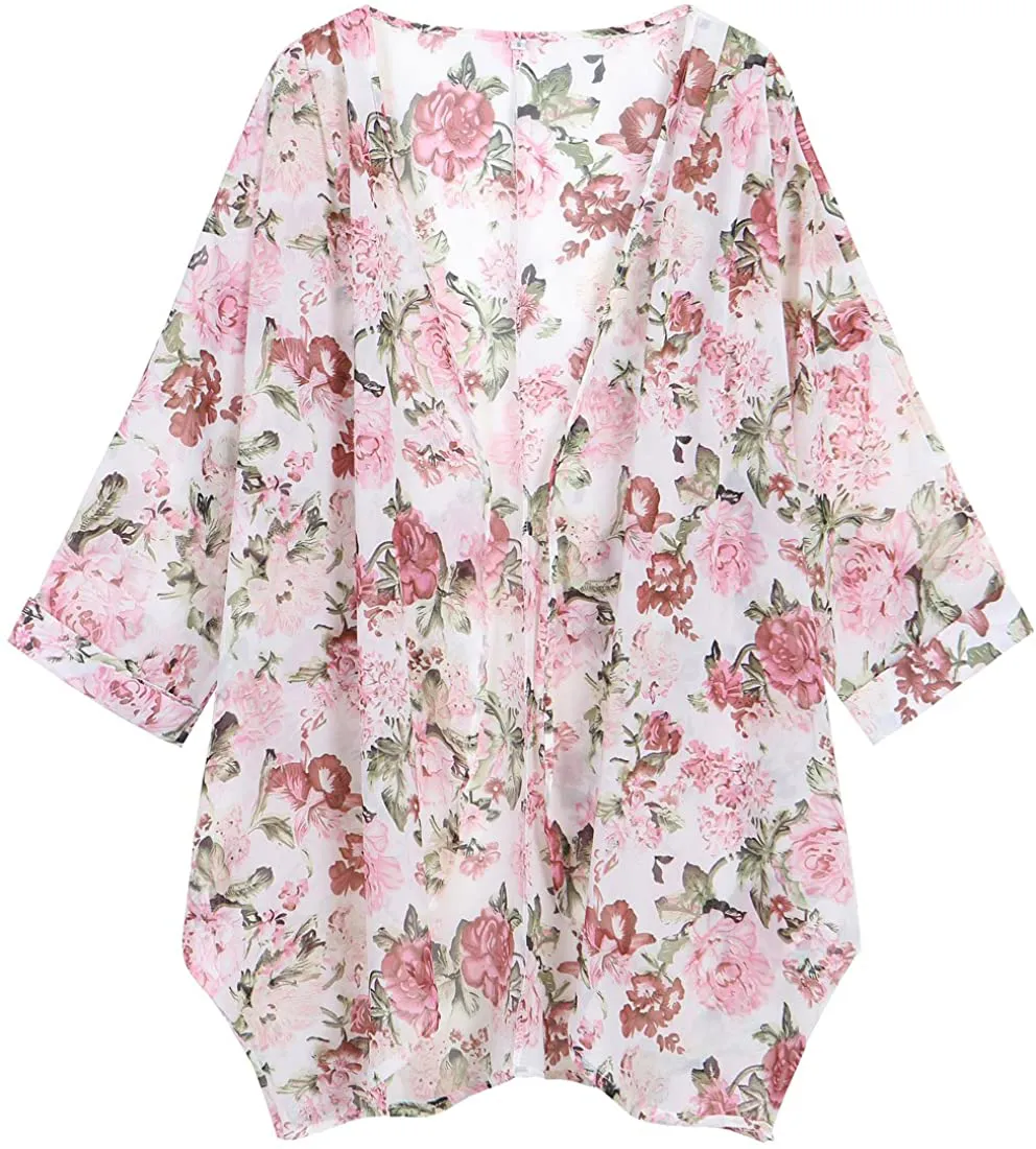 olrain Women's Floral Print Sheer Chiffon Loose Kimono Cardigan Capes