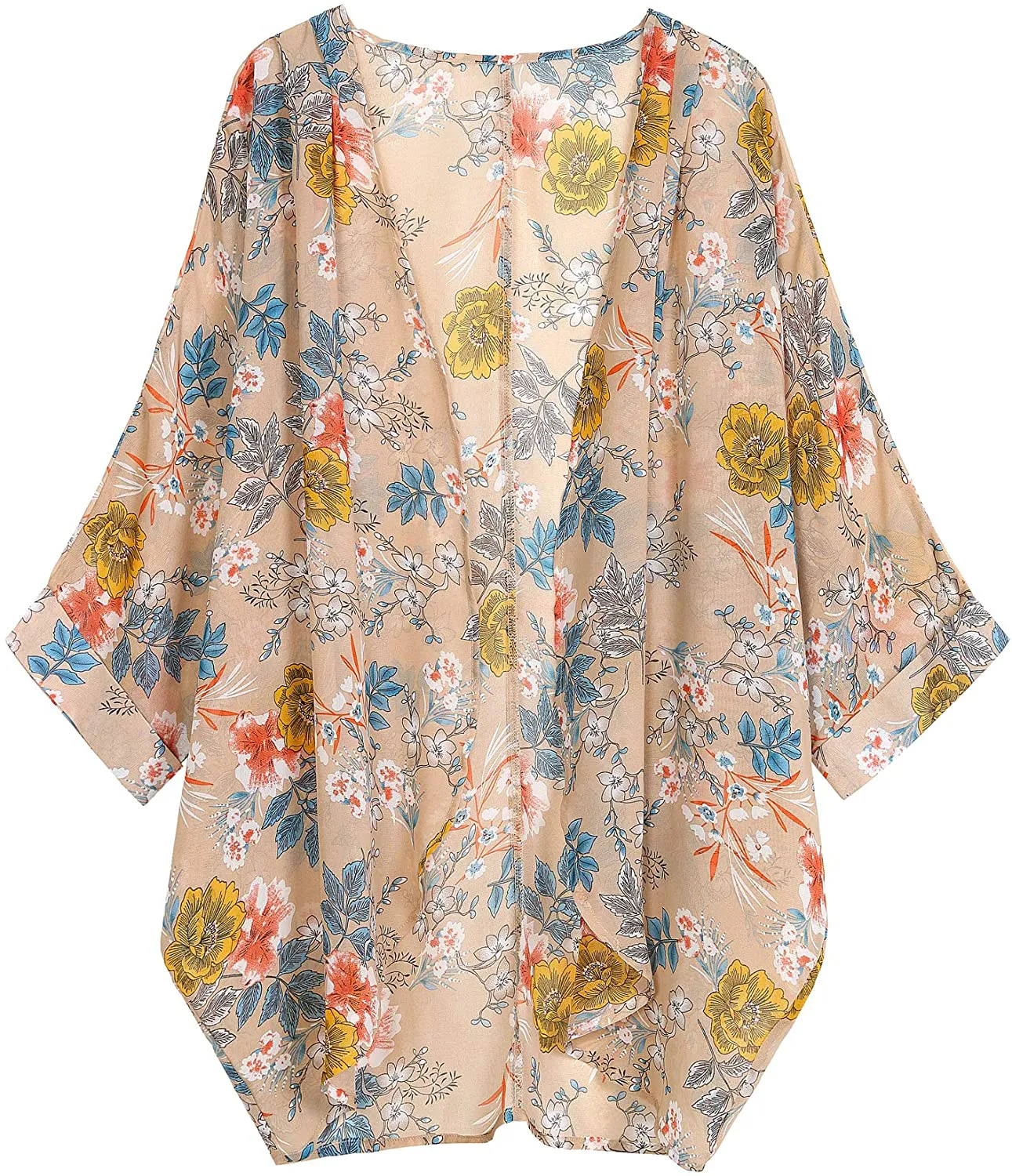 olrain Women's Floral Print Sheer Chiffon Loose Kimono Cardigan Capes