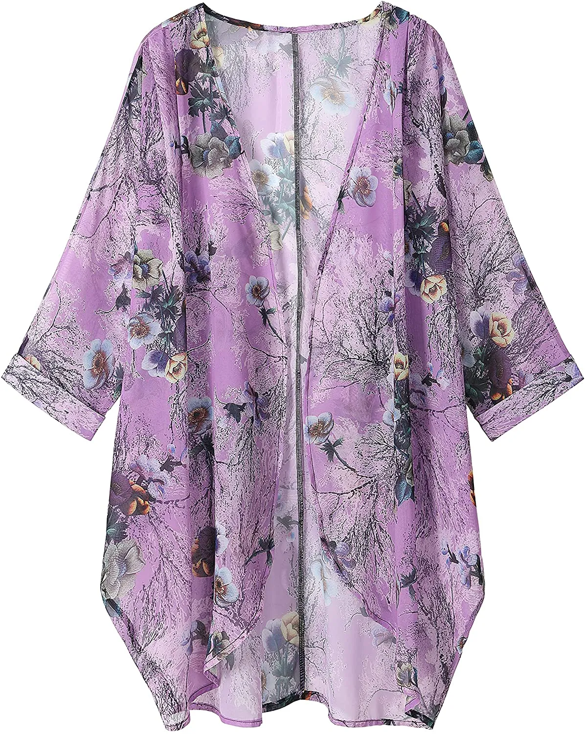 olrain Women's Floral Print Sheer Chiffon Loose Kimono Cardigan Capes