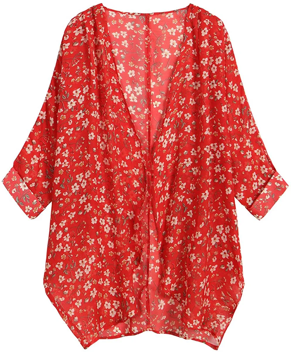 olrain Women's Floral Print Sheer Chiffon Loose Kimono Cardigan Capes