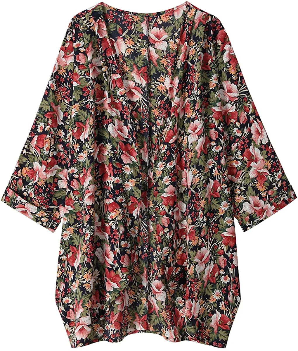 olrain Women's Floral Print Sheer Chiffon Loose Kimono Cardigan Capes