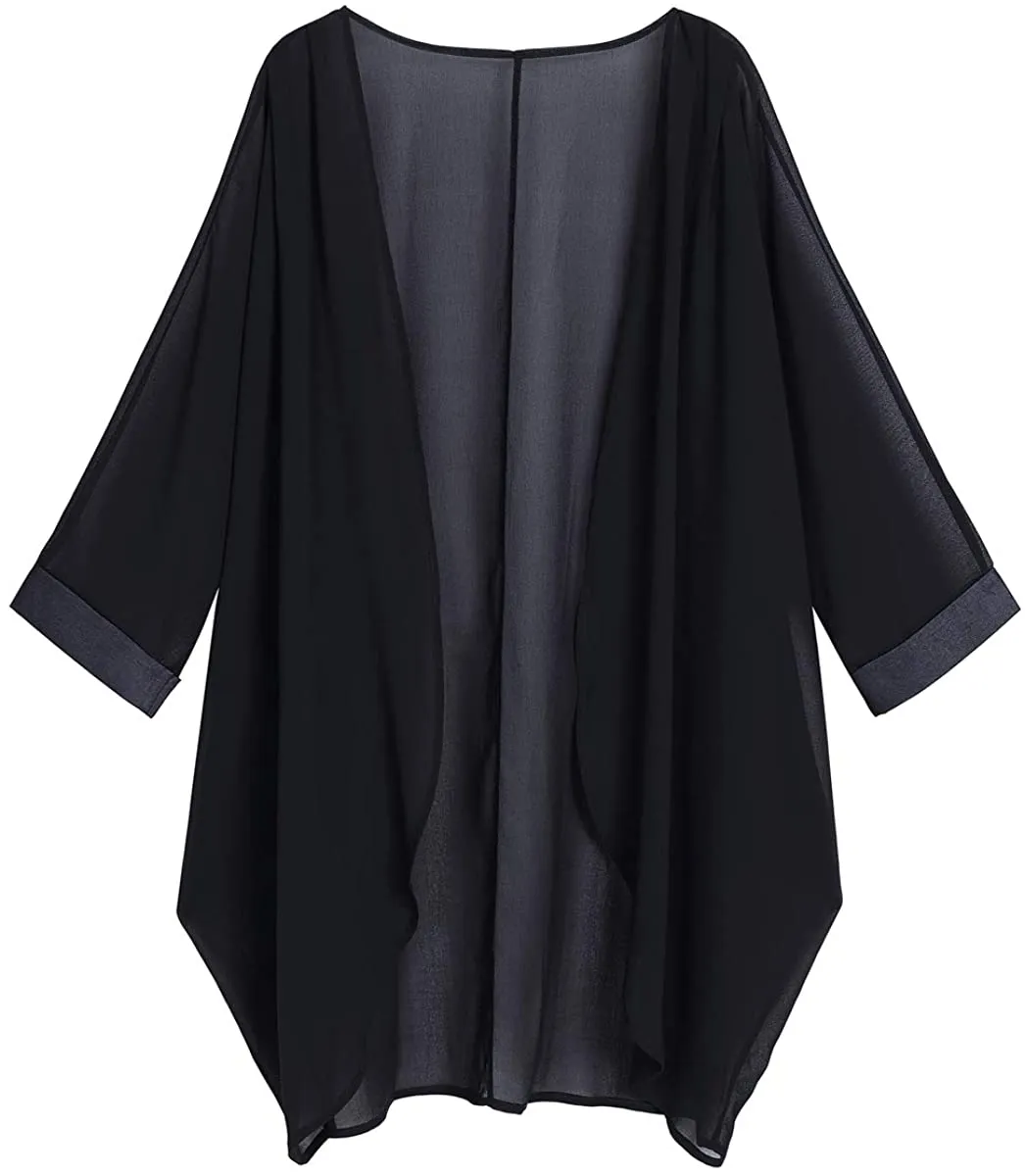 olrain Women's Floral Print Sheer Chiffon Loose Kimono Cardigan Capes