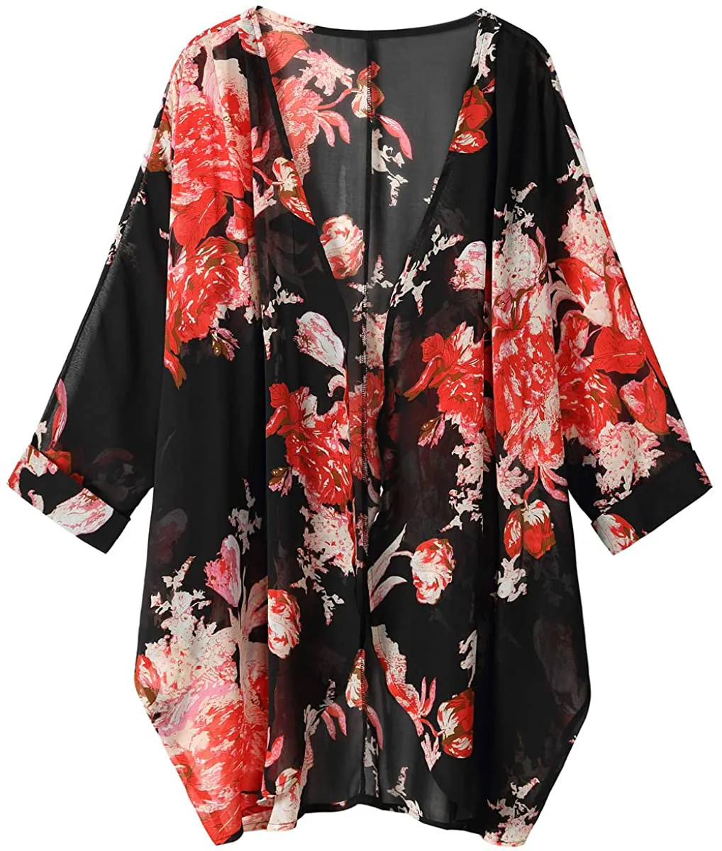 olrain Women's Floral Print Sheer Chiffon Loose Kimono Cardigan Capes