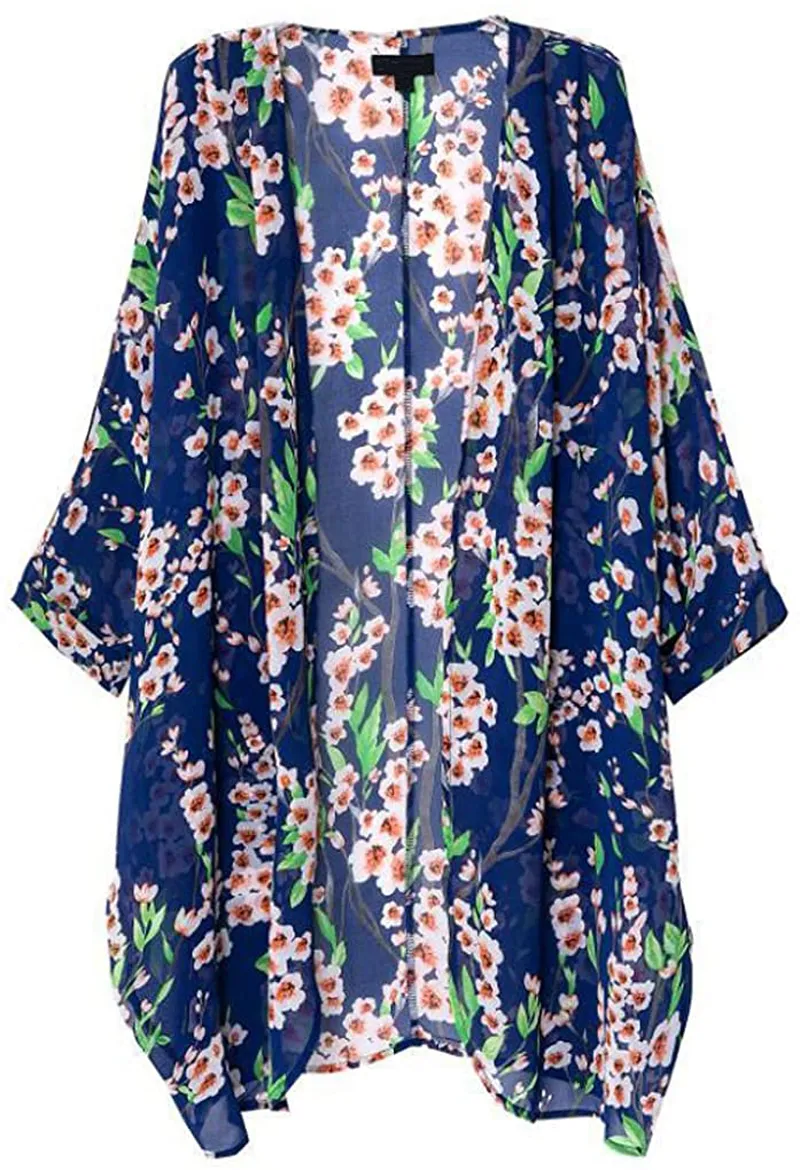 olrain Women's Floral Print Sheer Chiffon Loose Kimono Cardigan Capes