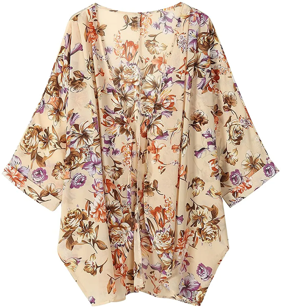 olrain Women's Floral Print Sheer Chiffon Loose Kimono Cardigan Capes