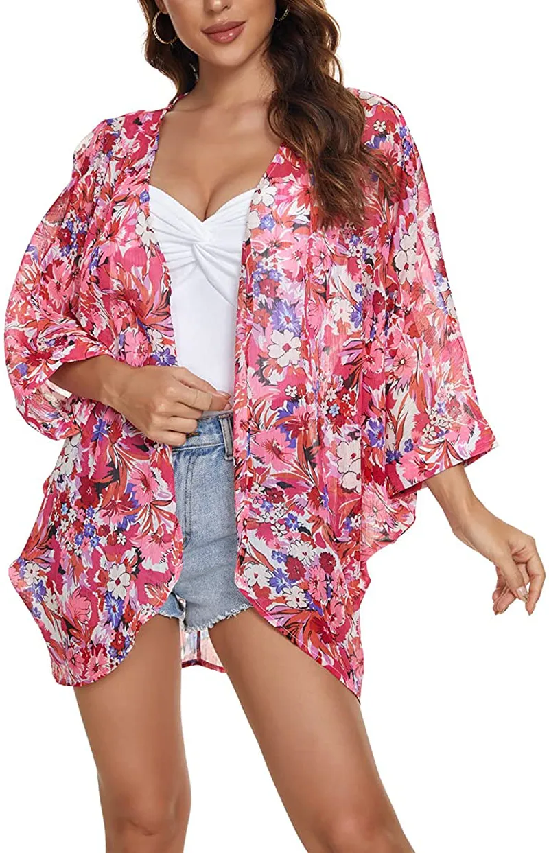 olrain Women's Floral Print Sheer Chiffon Loose Kimono Cardigan Capes