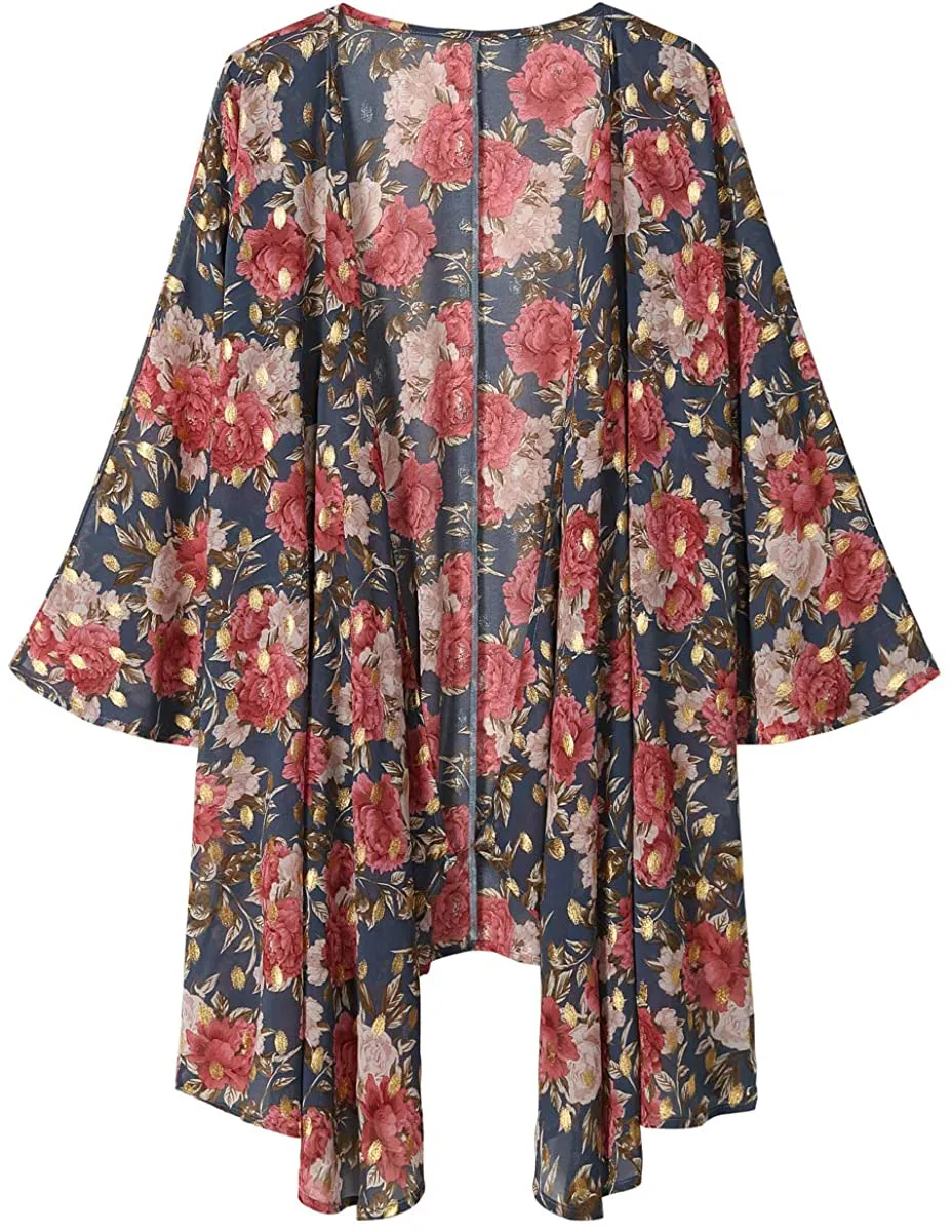 olrain Women's Floral Print Sheer Chiffon Loose Kimono Cardigan Capes