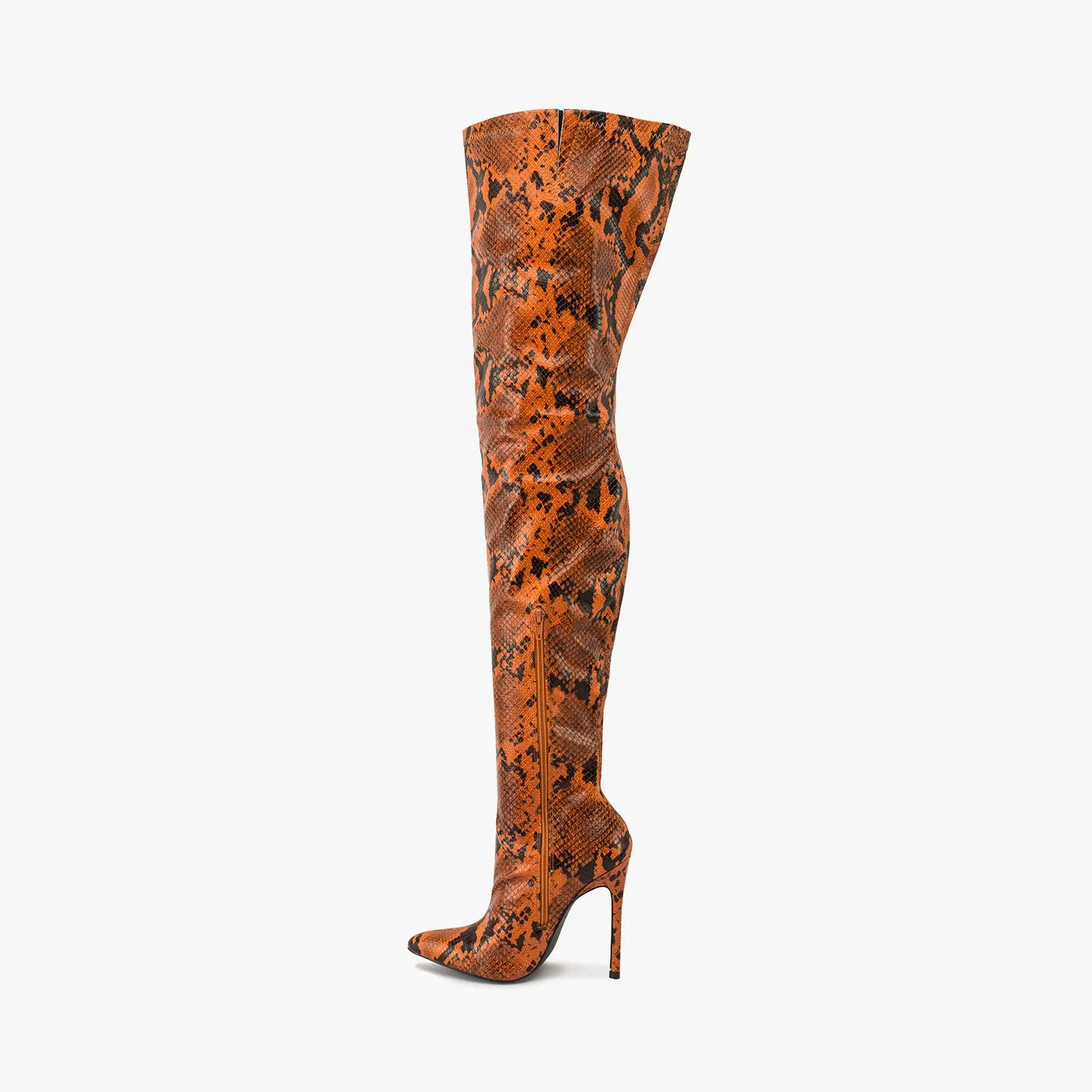 Orange Snake Pointed Stiletto Thigh High Boots