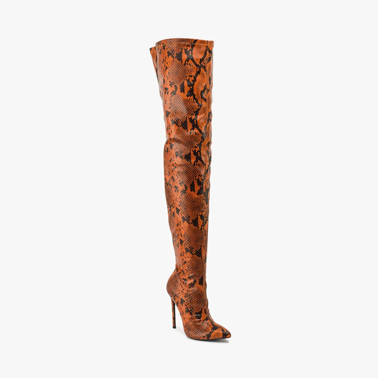 Orange Snake Pointed Stiletto Thigh High Boots