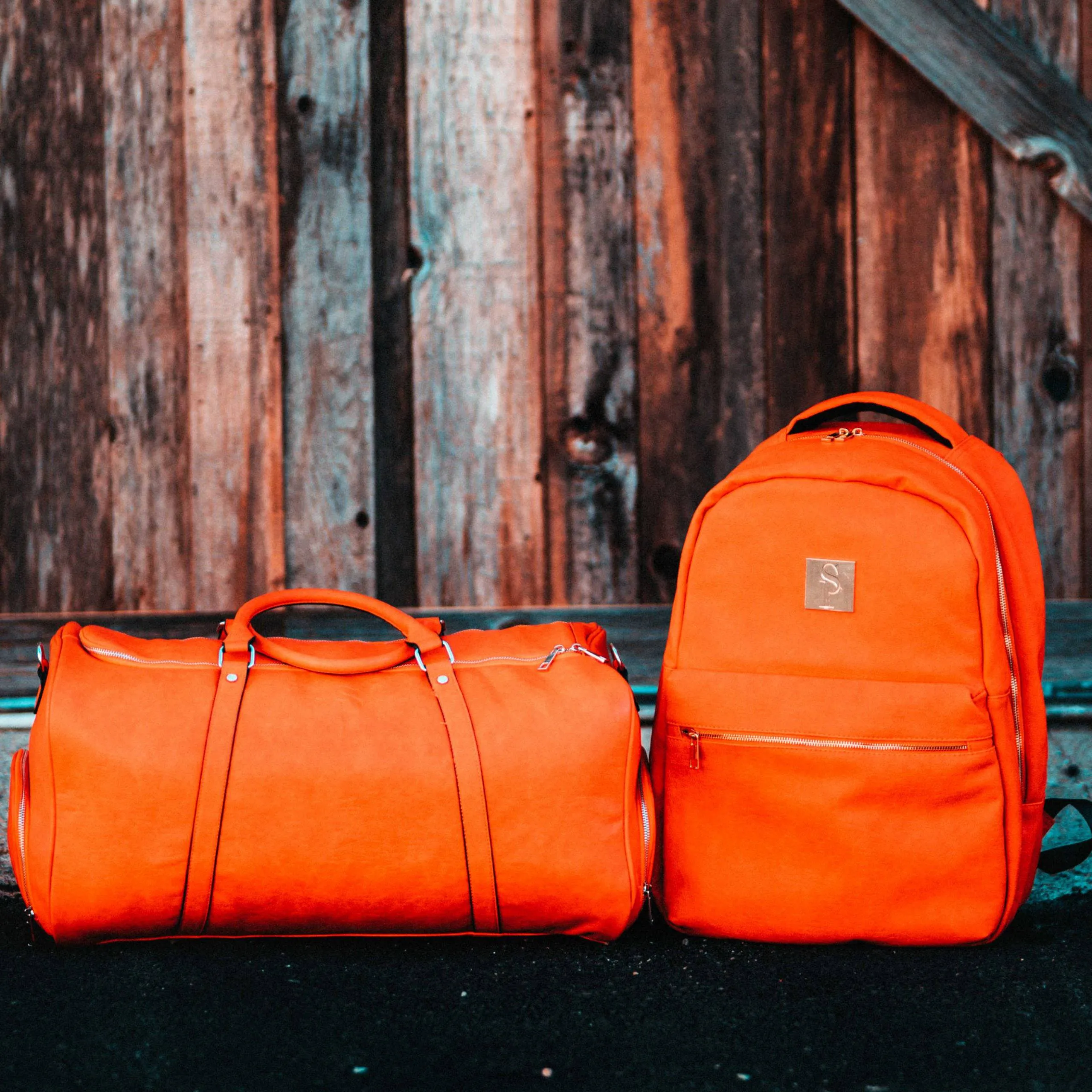 Orange Tumbled Leather 2 Bag Set (Commuter and Duffle)