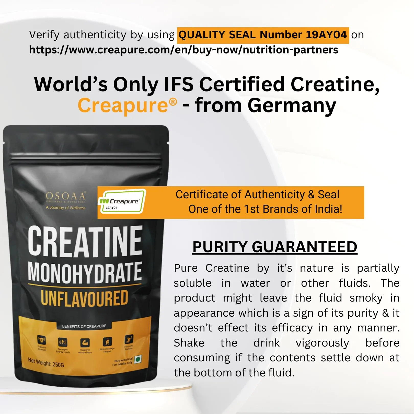 OSOAA Creatine Monohydrate Powder "Creapure" Germany Certified (250 Gm) | Lab Tested & Fssai Approved |Boosts Strength & Athletic Performance | Repair & Recovery| Unflavoured