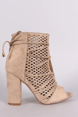 Perforated Suede Lace-Up Chunky Heeled Ankle Boots