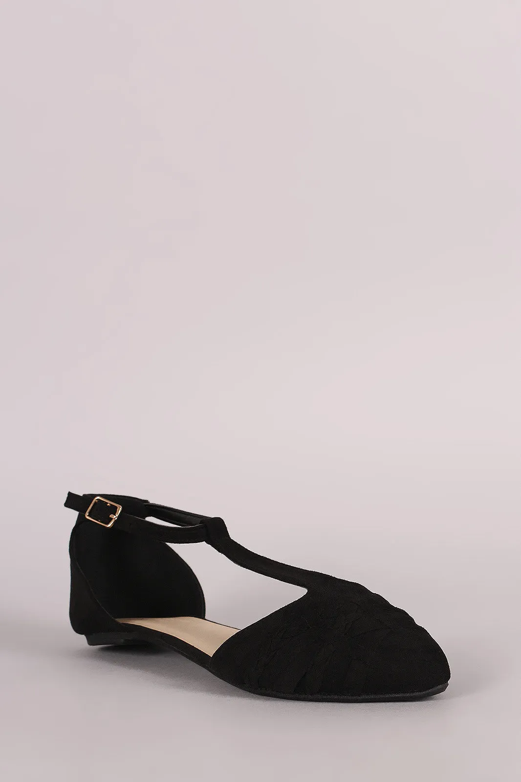 Qupid Braided T-Strap Pointy Toe Suede Flat