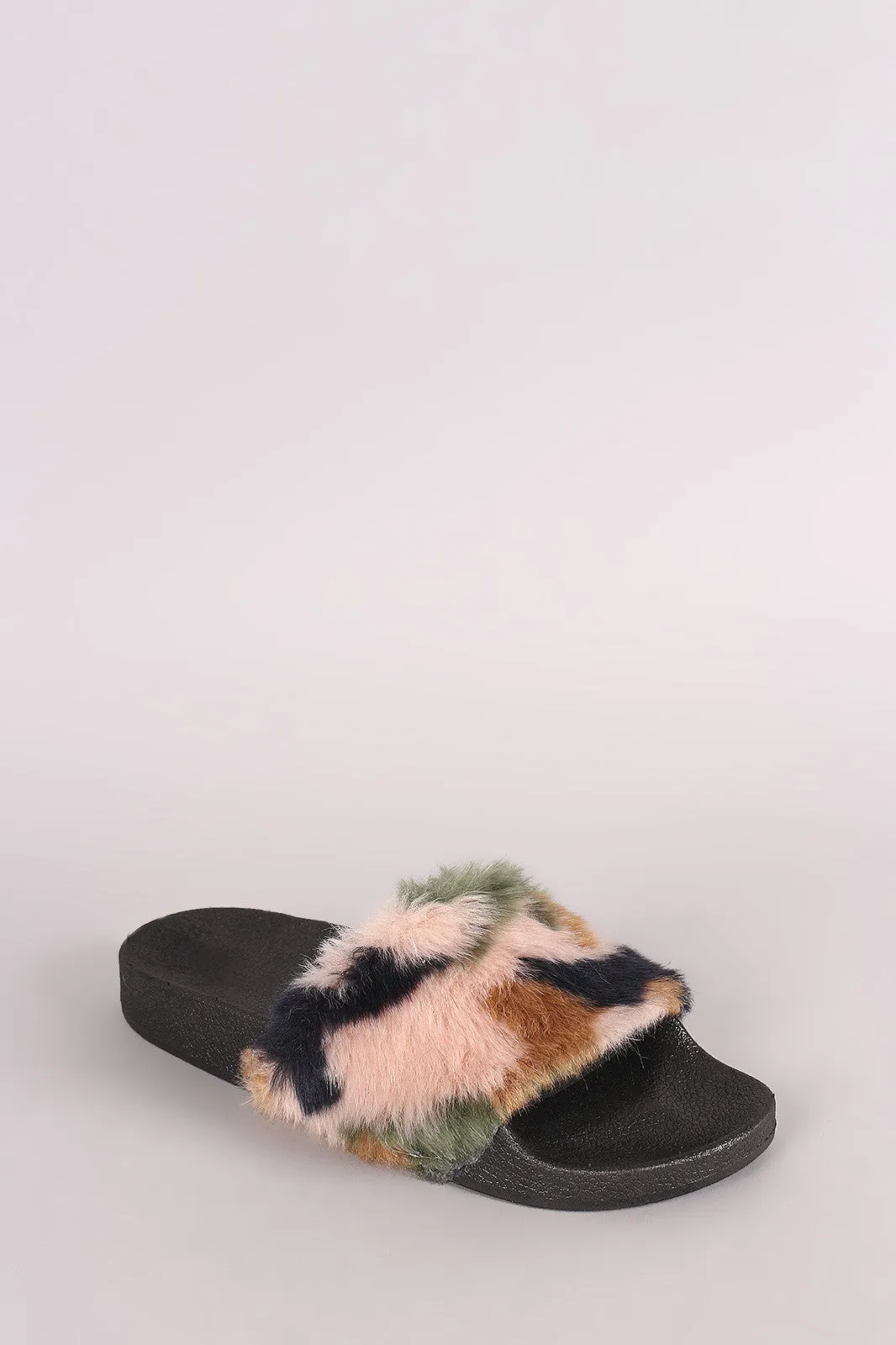 Qupid Camouflage Faux Fur Slide Sandal