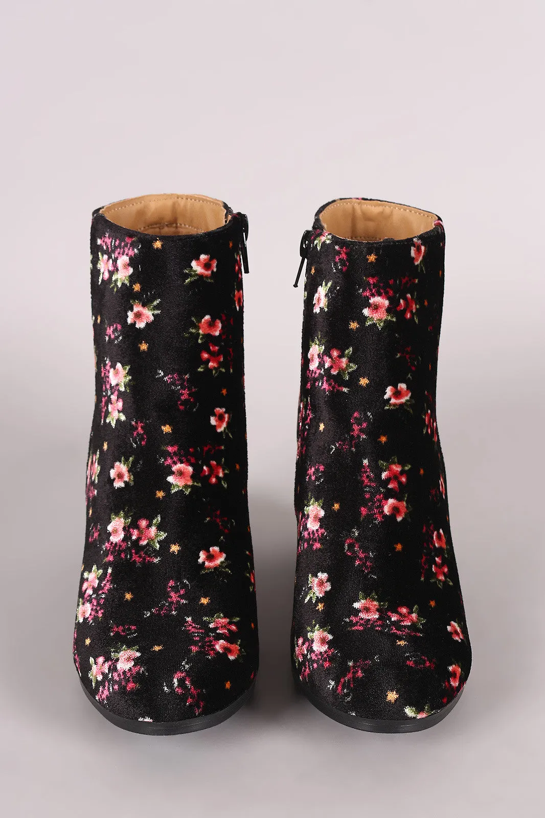 Qupid Floral Print Velvet Blocky Heeled Ankle Boots