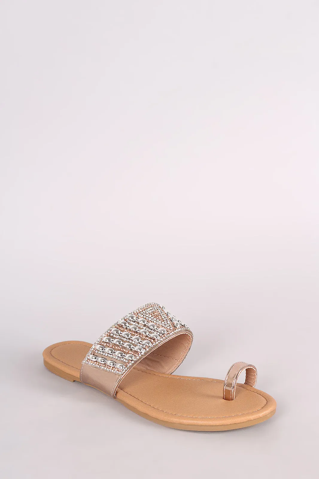 Qupid Metallic Rhinestone Accent Toe Ring Flat Sandal