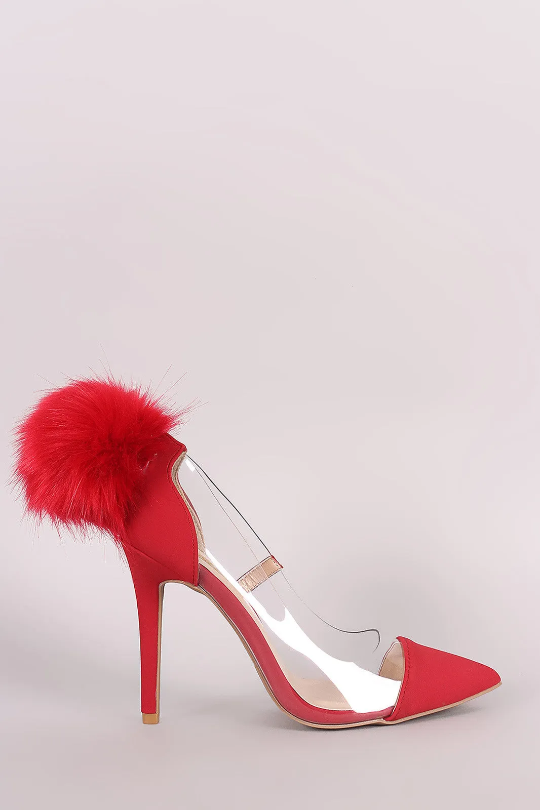 Qupid Nubuck Fur Pom Pom Pointy Toe Lucite Pump