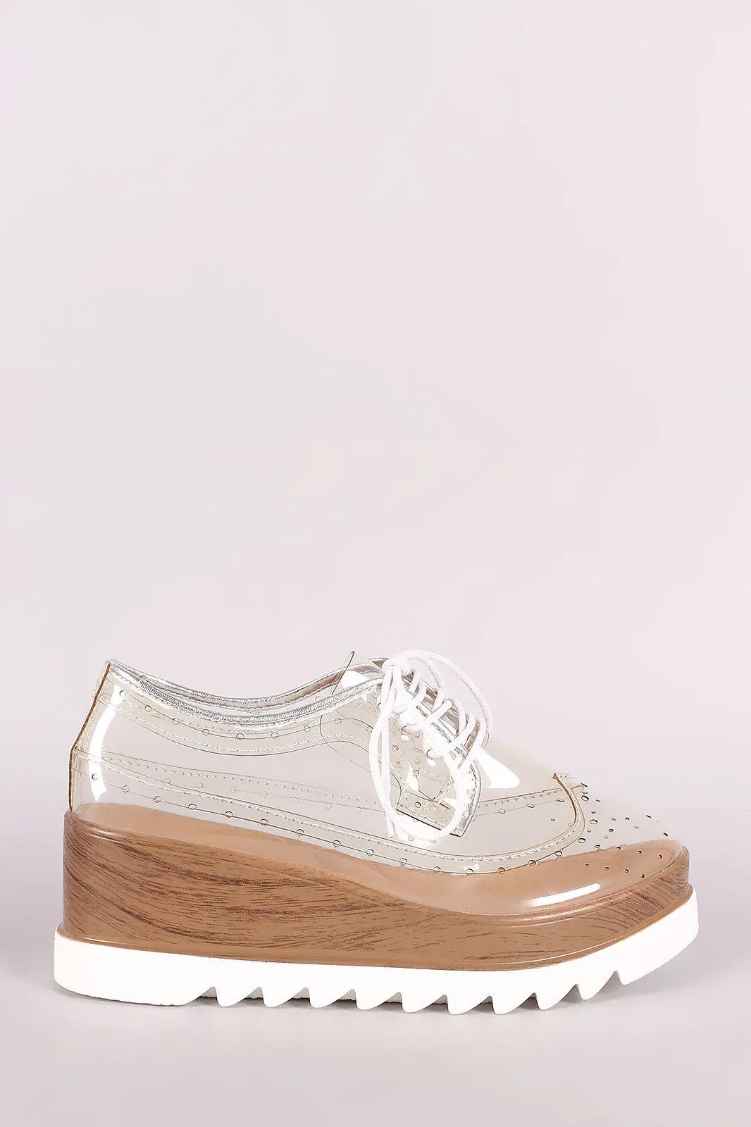 Qupid Perforated Transparent Lug Sole Lace Up Oxford Wedge